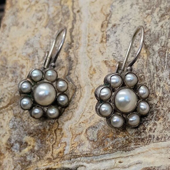 Vintage Monsoon MNSN 925 Sterling Silver & Pearl Flower Cluster Drop Earrings - Picture 1 of 6